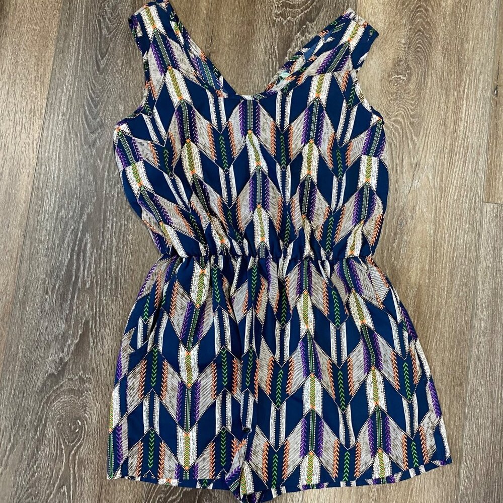 Colorful Printed Sleeveless Romper By Vine & Green With Elastic Waist & Side Poc